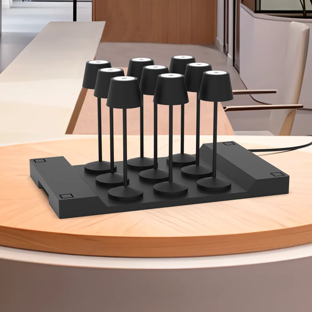 Lot de 9 lampes de table sans fil LED blanc chaud dimmable EMILY BLACK H25cm avec plateau de chargement Lumisky