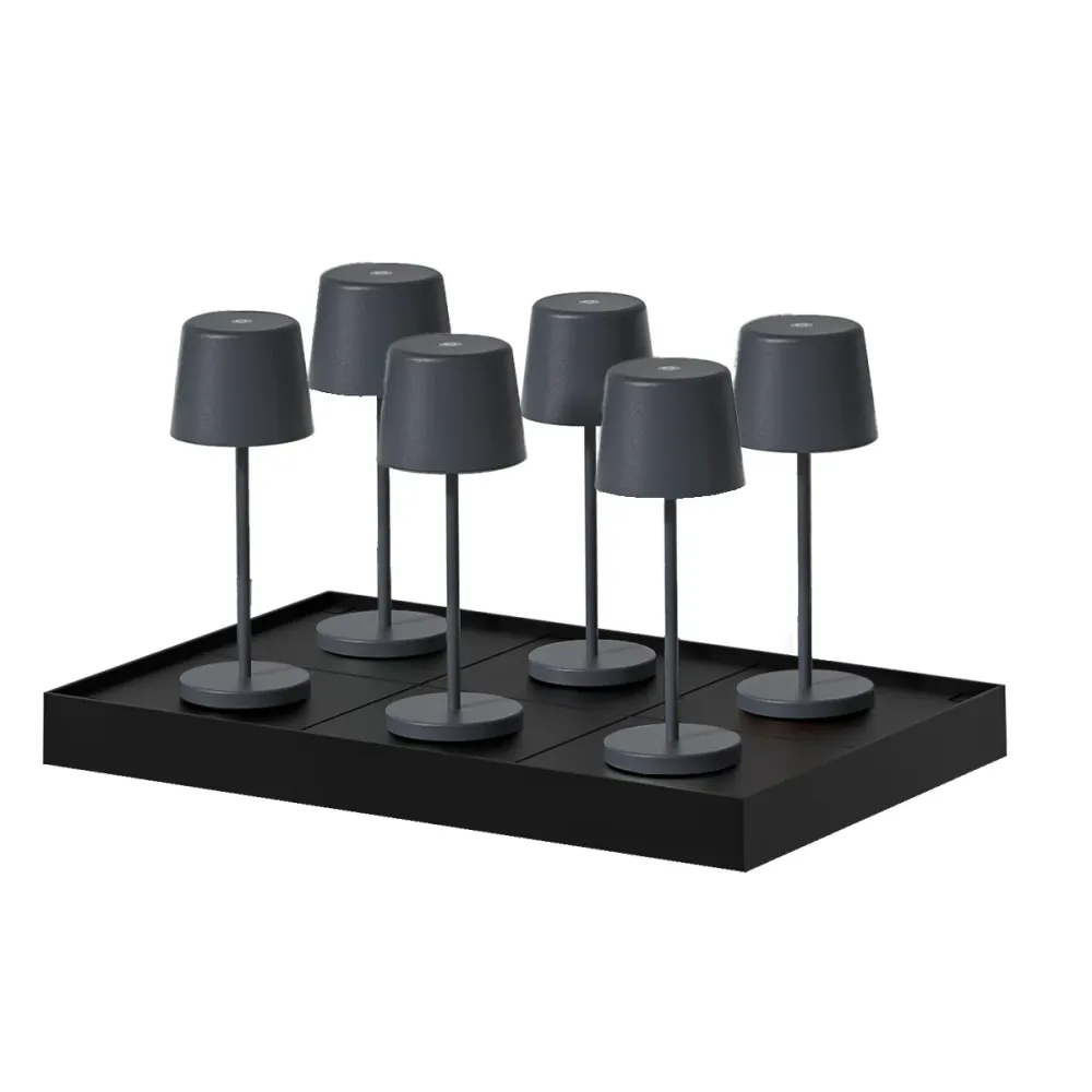 Lot de 6 mini lampes de table touch sans fil en aluminium LED KELLY MINI ROCK blanc dimmable H22cm avec plateau de chargem...