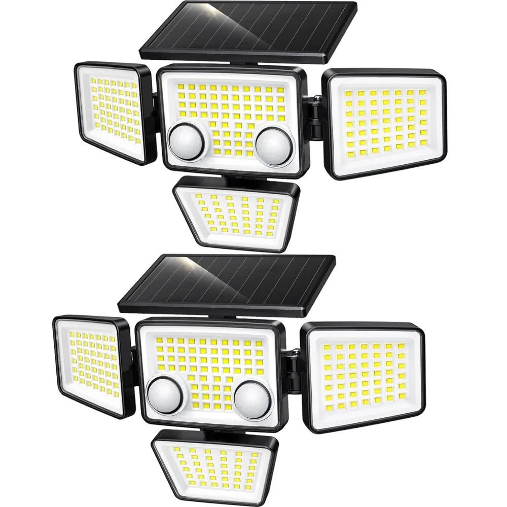 Lot de 2 Spots Solaires à 4 Têtes Noires FAIRVIEW - Éclairage LED Puissant Blanc, Orientables avec Détecteur de Mouvement,...