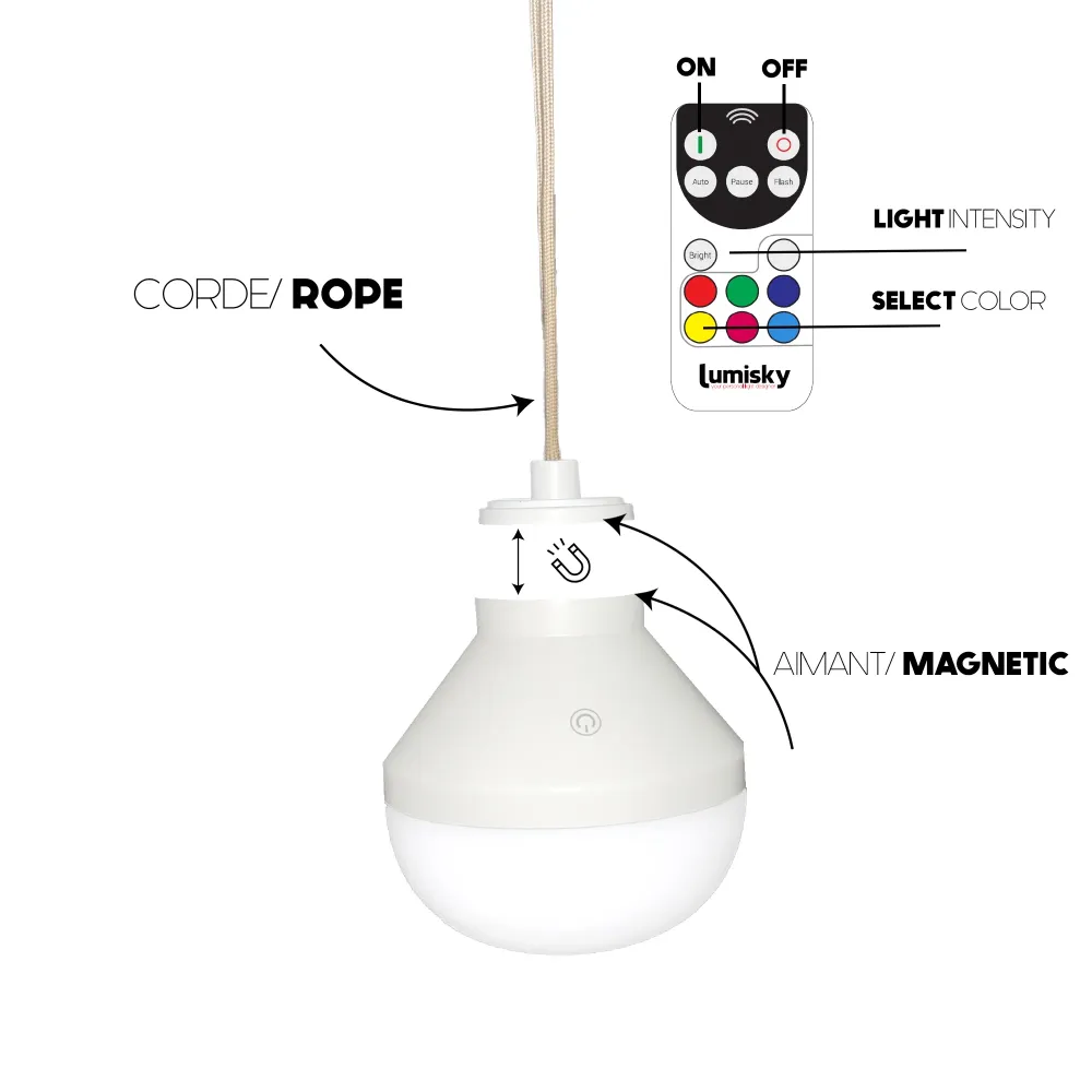 Suspension CESARE NOMAD en herbe marine naturelle style bohème avec ampoule LED blanc/RGB nomade Lumisky