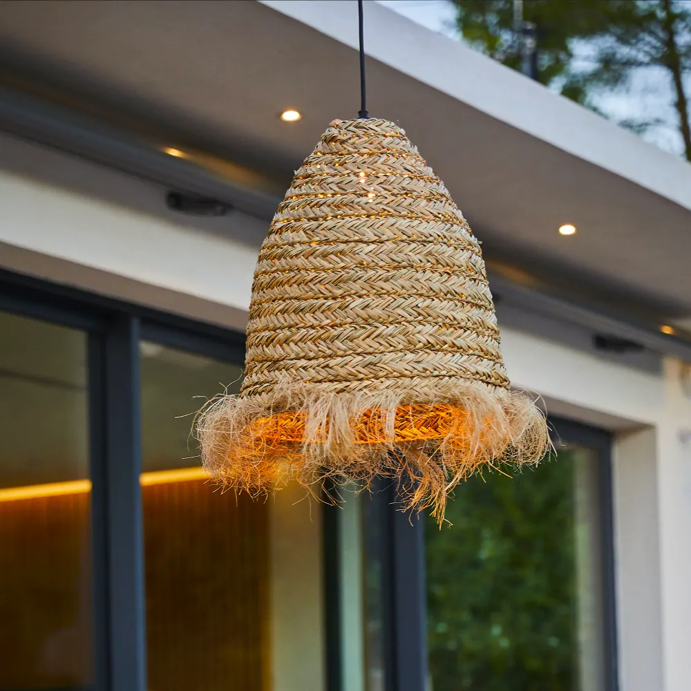 Suspension sur secteur pour l'extérieur ANAFI OUTDOOR CABLE en jonc de mer naturel style bohème 5m de longueur de câble Lu...