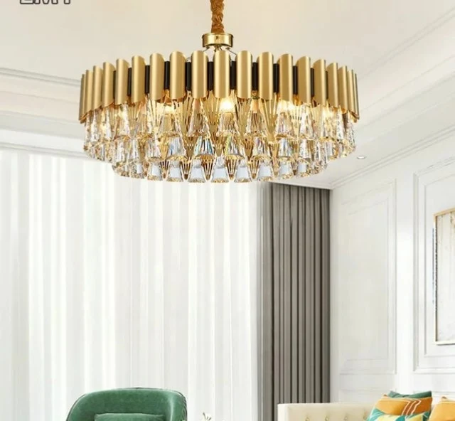 Lustre moderne avec structure en acier inoxydable, fer et cristal