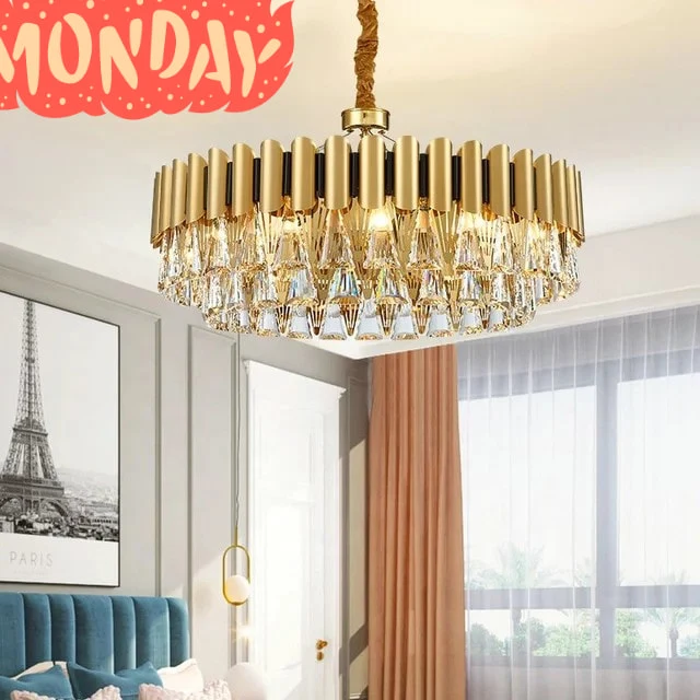 Lustre moderne avec structure en acier inoxydable, fer et cristal