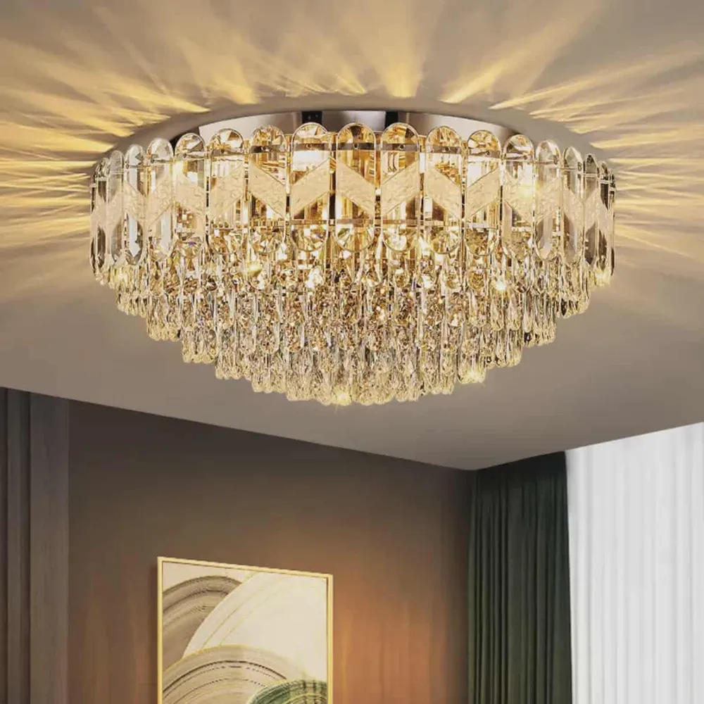 Lustre de plafond moderne et luxueux en cristal K9 et base en acier inoxydable - 50 cm - Personnalisable pour d'autres tai...