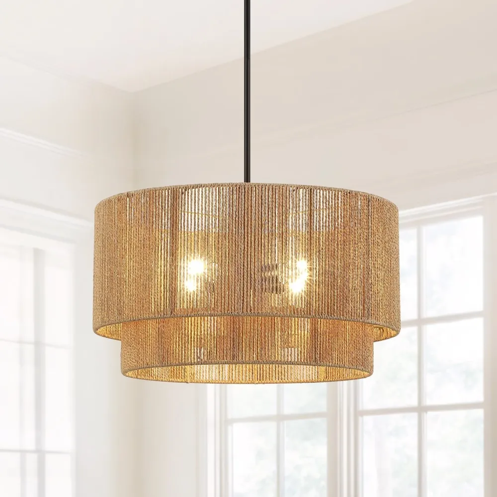 Lustre tambour en rotin naturel Cynthia à 4 lumières - 56 cm (22 po) de largeur
