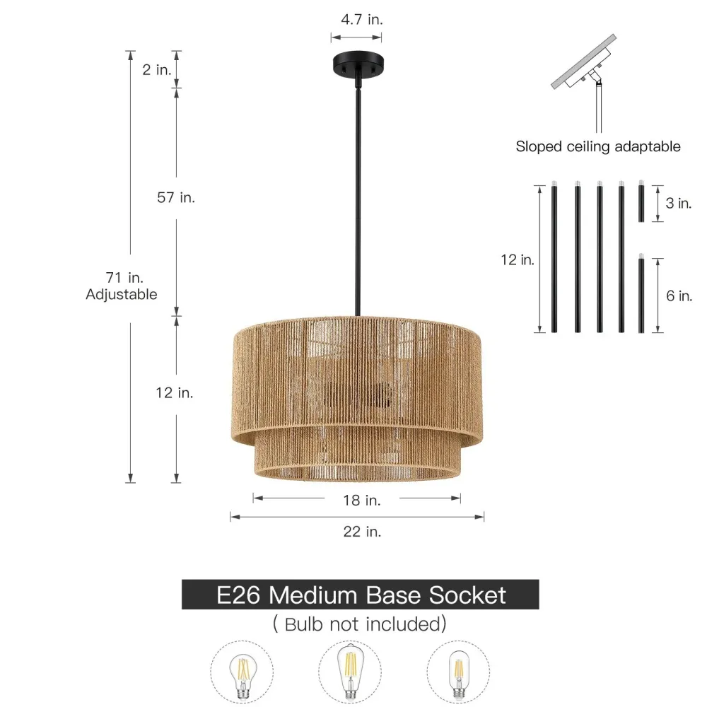 Lustre tambour en rotin naturel Cynthia à 4 lumières - 56 cm (22 po) de largeur