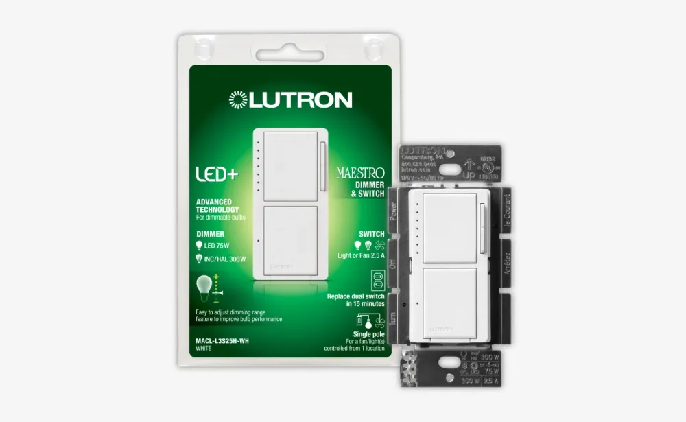 Lutron Maestro LED+ Combo variateur et interrupteur, blanc, modèle MACL-L3S25-WH