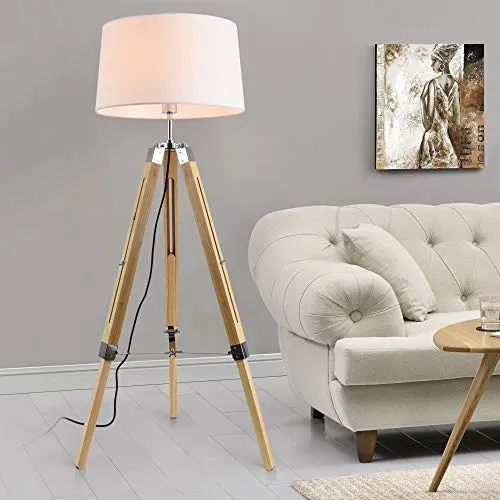 lux.pro Lampadaire Design Lampe à Pied Trépied avec Pieds en Bois et Métal Abat-Jour en Tissu E27 Hauteur 145 cm Bois Clai...