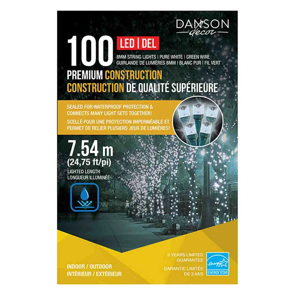 100 lumières LED 8Mm, intérieur/extérieur, fil vert, étanche, blanc pur Magasins Hart | Hart Stores