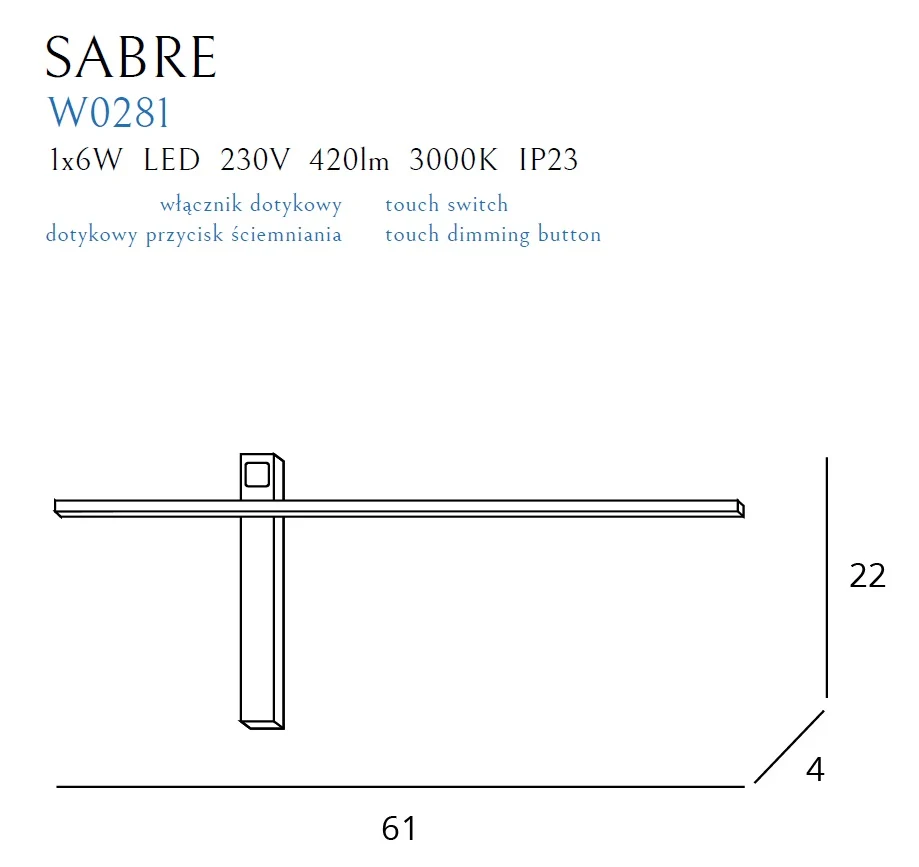 Applique murale LED Maxlight Sabre 1L, largeur 61 cm