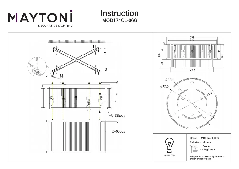 Plafonnier encastré Maytoni Frame 6L, doré, culot E14, diamètre 55,4 cm
