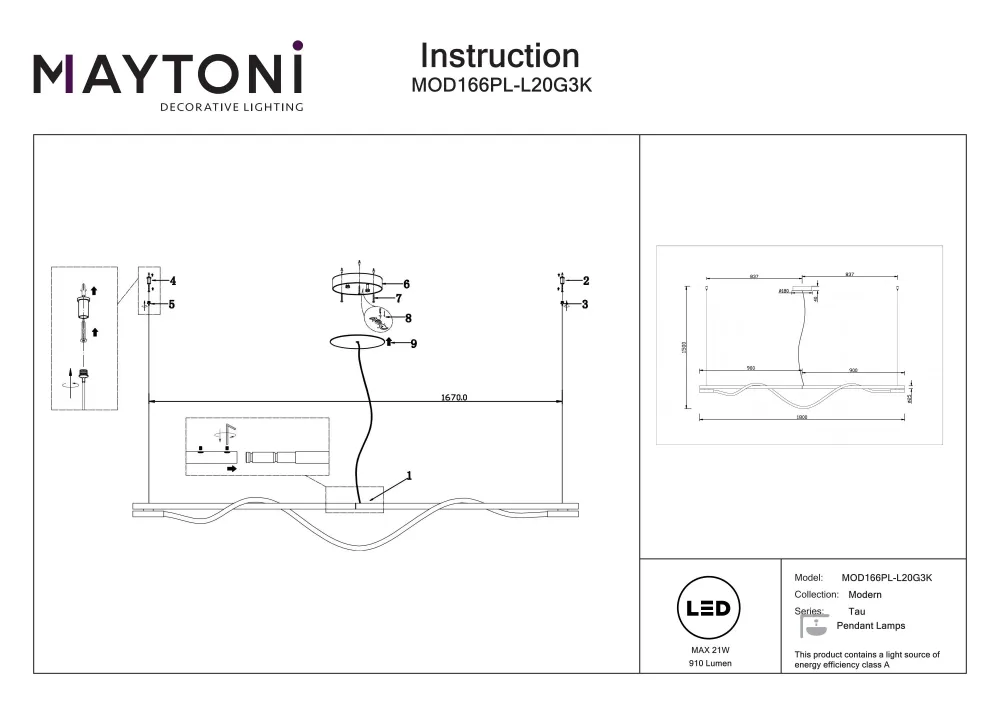 Suspension linéaire Maytoni Tau 1L, LED dorée