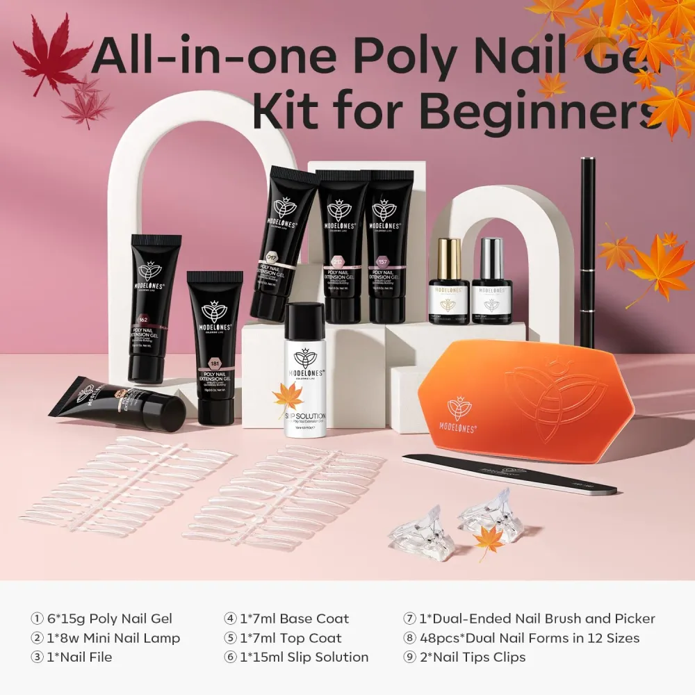 Modelones Kit Gel Extension Poly – 6 Couleurs + Lampe LED 8W – Kit Débutant pour Ongles à Domicile