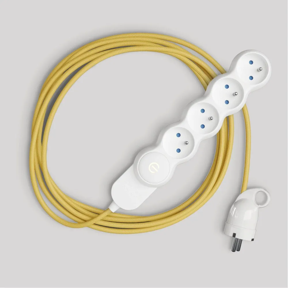 Multiprise française avec câble en tissu jaune brillant et fiche Schuko avec anneau comfort