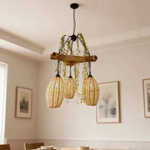 Natural Handmade Rattan 3-Light Hanging Chandelier Woven Pendant Lamp Restaurant Cafe Hotel bar Kitchen Dining