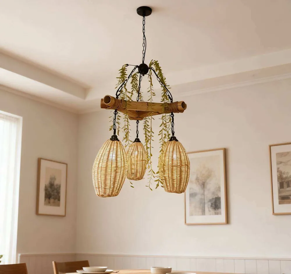 Natural Handmade Rattan 3-Light Hanging Chandelier Woven Pendant Lamp Restaurant Cafe Hotel bar Kitchen Dining