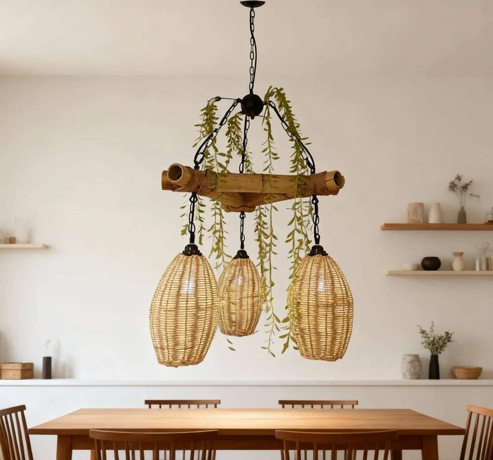 Natural Handmade Rattan 3-Light Hanging Chandelier Woven Pendant Lamp Restaurant Cafe Hotel bar Kitchen Dining