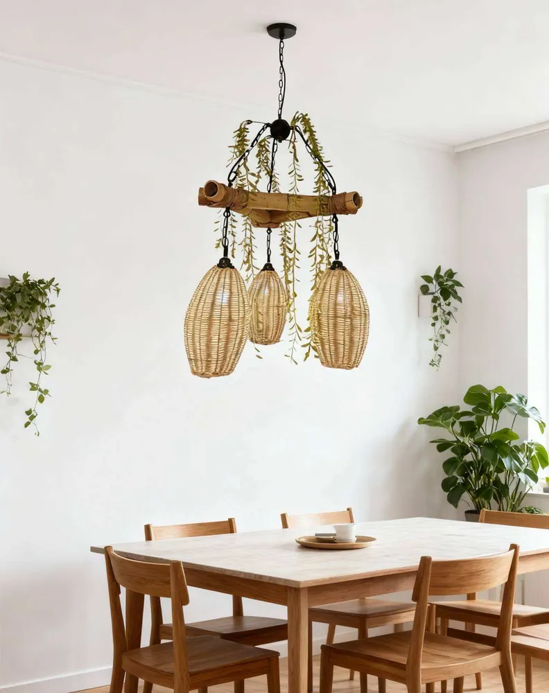 Natural Handmade Rattan 3-Light Hanging Chandelier Woven Pendant Lamp Restaurant Cafe Hotel bar Kitchen Dining
