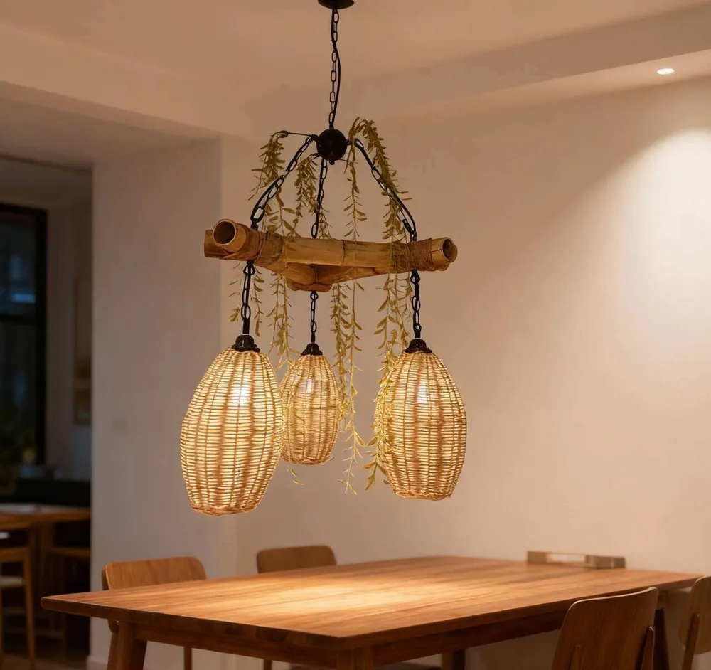 Natural Handmade Rattan 3-Light Hanging Chandelier Woven Pendant Lamp Restaurant Cafe Hotel bar Kitchen Dining