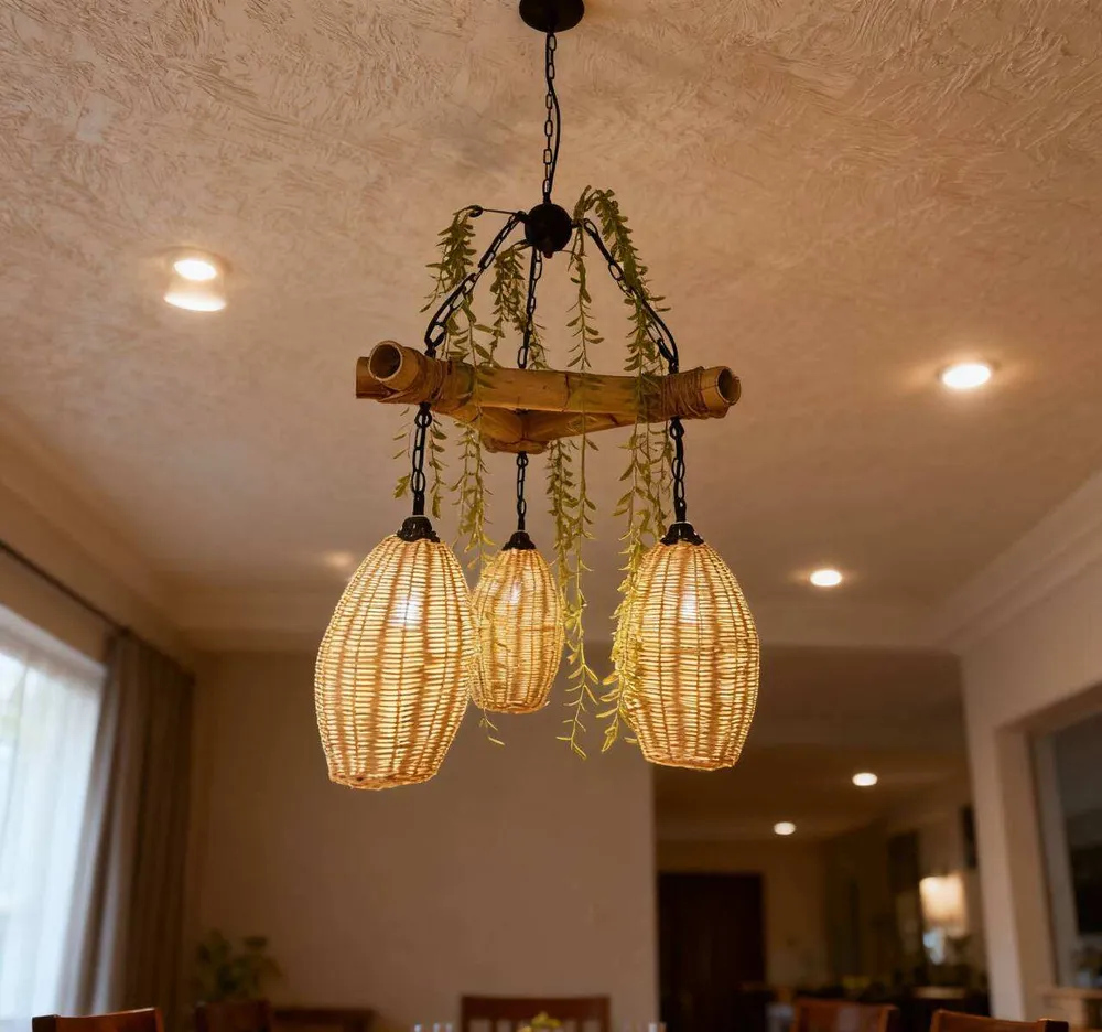 Natural Handmade Rattan 3-Light Hanging Chandelier Woven Pendant Lamp Restaurant Cafe Hotel bar Kitchen Dining