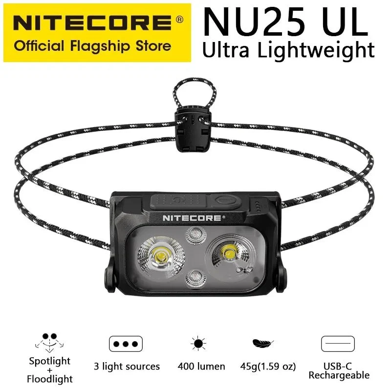 Lampe frontale 400 lumens rechargeable USB-C 3 modes à partir de 45g "NITECORE - NU25 series"