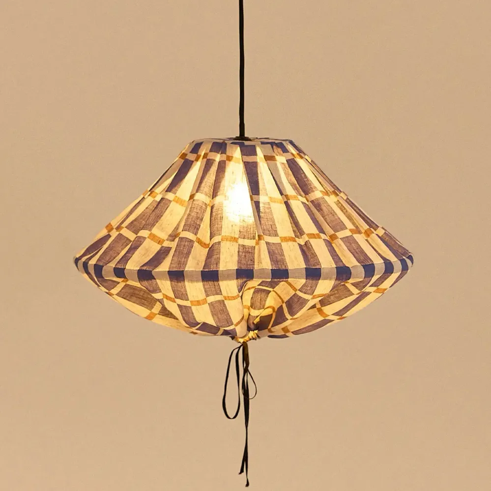 Nobodinoz Abat-jour Yumi Ø50 cm – Mosaïque Bleu Moutarde - suspension en lin