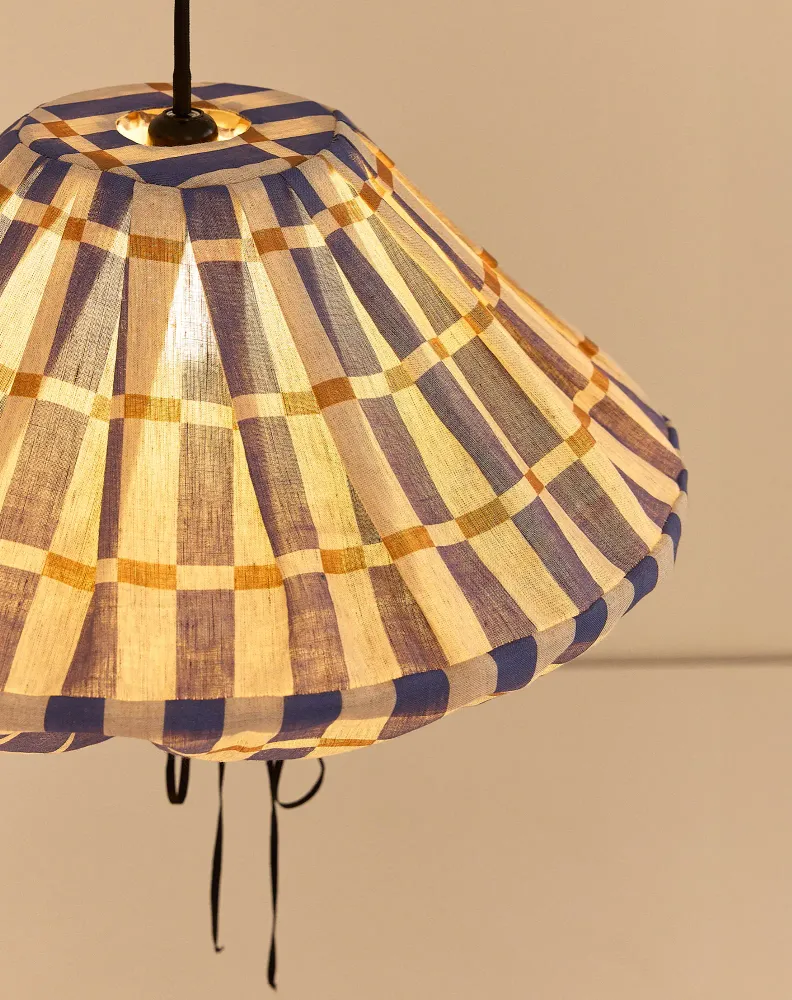 Nobodinoz Abat-jour Yumi Ø50 cm – Mosaïque Bleu Moutarde - suspension en lin