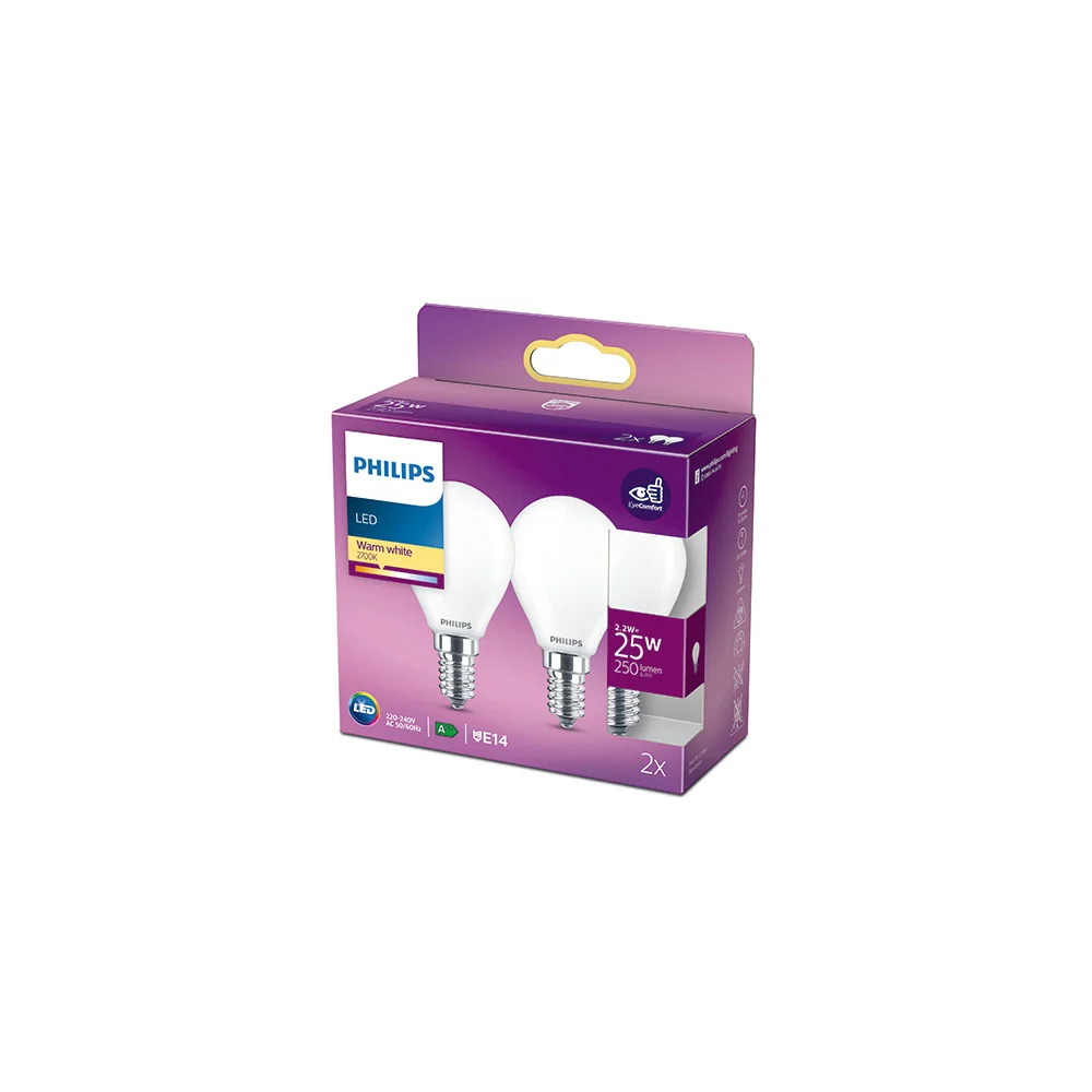 Pack 2 Ampoule LED Philips E14 P45 2.2W 250Lm 2700K [PH-929001345470]