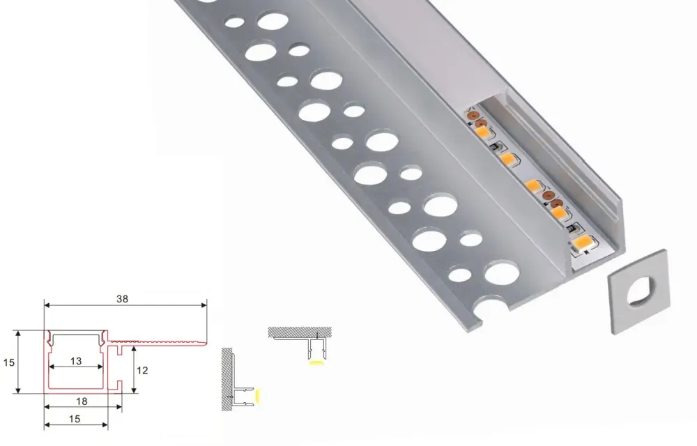 Profil en plâtre | Intégré | 1 mètre | Côté | Aluminium | 38x15 | Bande LED COB (copie)