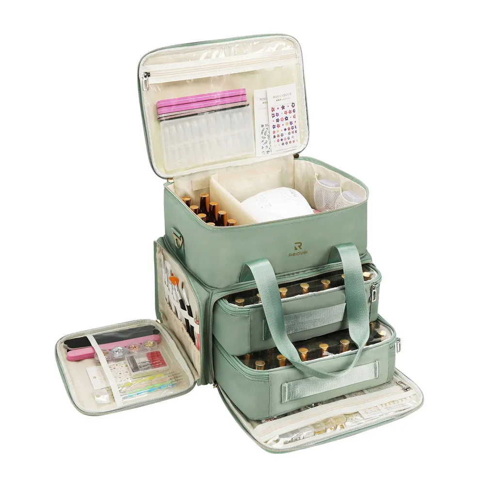 Relavel Organiseur Vernis Double-Couche – Sac Vert pour 80–100 Bouteilles 15ml + Lampe Ongles