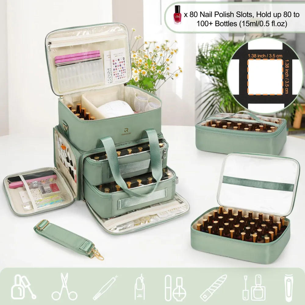Relavel Organiseur Vernis Double-Couche – Sac Vert pour 80–100 Bouteilles 15ml + Lampe Ongles