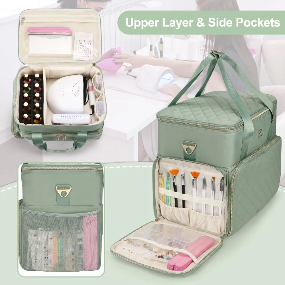 Relavel Organiseur Vernis Double-Couche – Sac Vert pour 80–100 Bouteilles 15ml + Lampe Ongles
