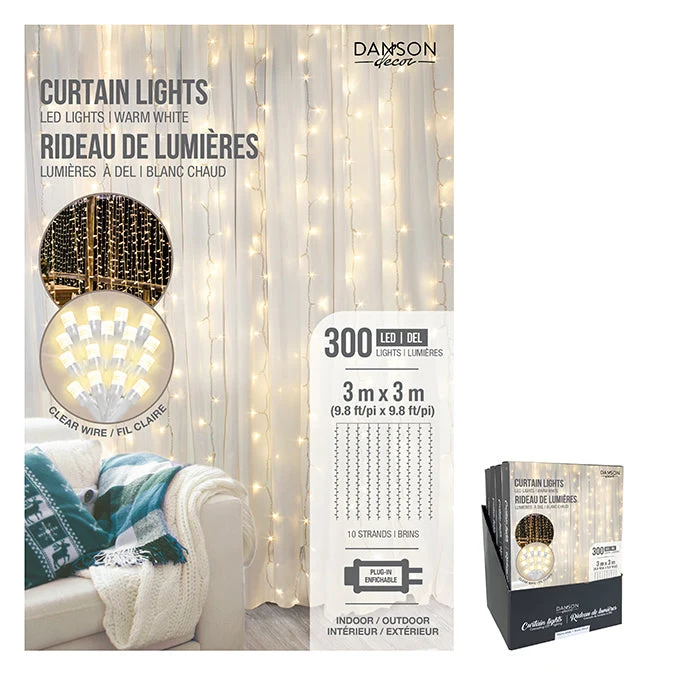 Rideau de 300 lumières DEL blanc chaud 3 m x 3 m