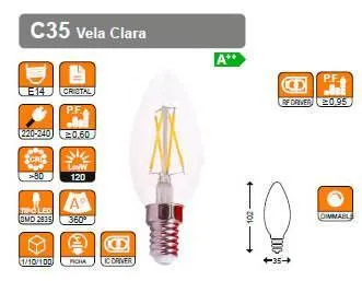 RSR 0353D Clear Candle Led Bulb C35 E14 5W 2700K Dimmable