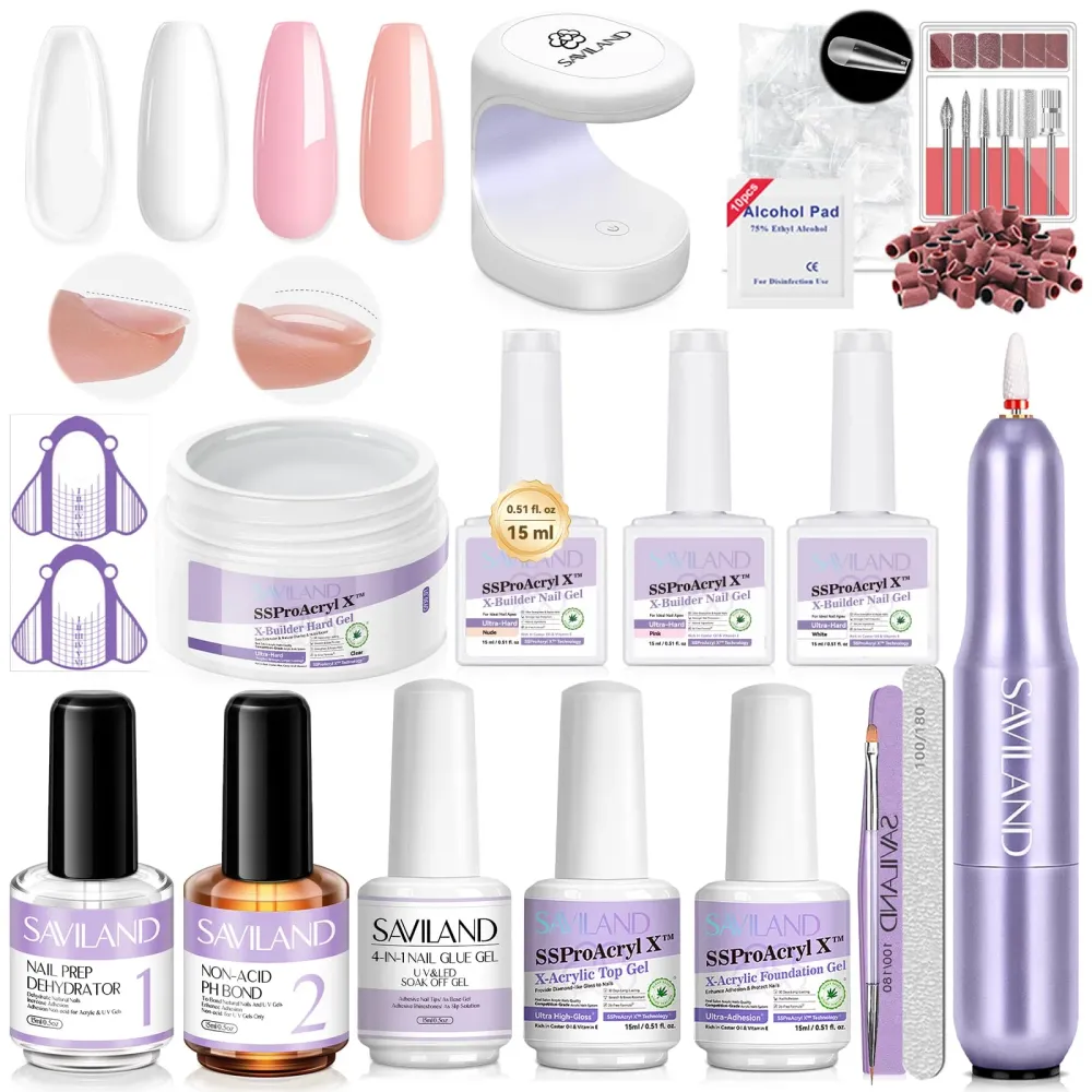 Kit Gel Construction SAVILAND pour Ongles – Lampe UV, Perceuse et Gel Base/Top