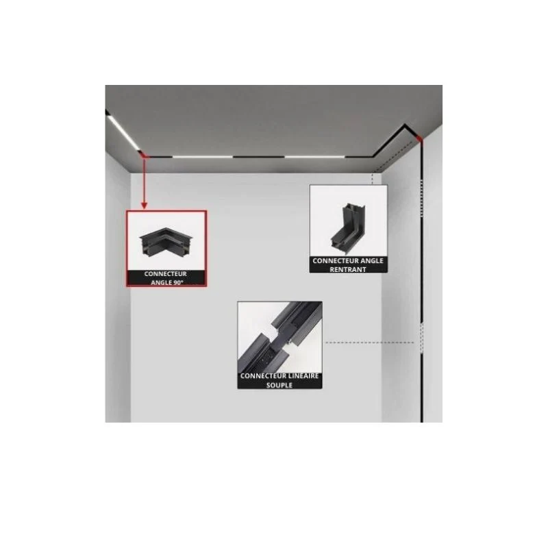 Connecteur Angle 90° pour Rail Magnétique Encastré Noir + Connecteur Souple Silamp
