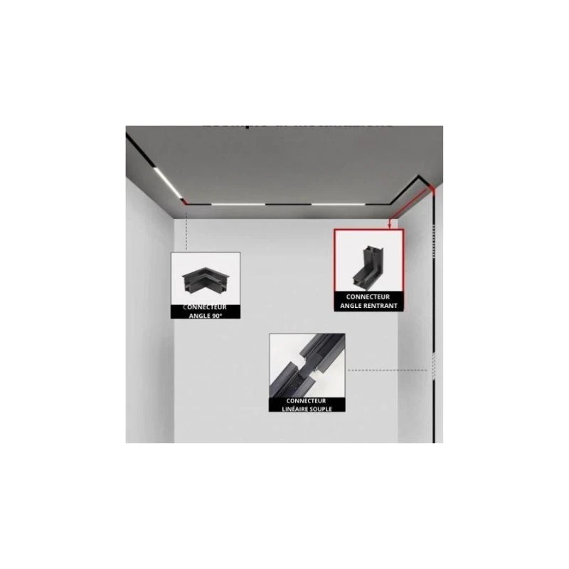 Connecteur Angle Rentrant Pour Rail Magnétique Encastré Noir + Connecteur Souple Silamp