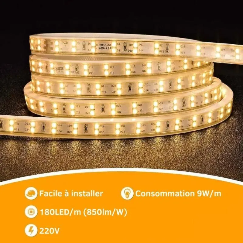 Ruban LED 220V Fin Recoupable 50M Double Rangée 9W/m IP65 2835 180LED/m Silamp