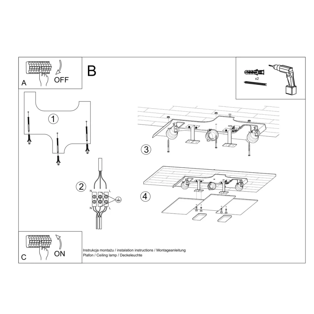 Plafonnier encastré Sollux Lighting Fabiano 3L en acier E27