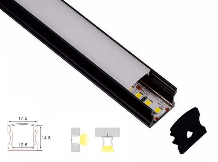Structure de profil | 1 mètre loi | Noir - Mat d'opale | 17,5 x 14,5 | Bande LED de COB