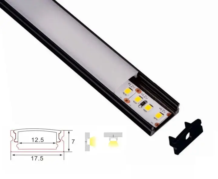 Structure de profil | 2 mètres | Loi | Noir - Mat d'opale | 17,5 x 7 | Bande LED de COB