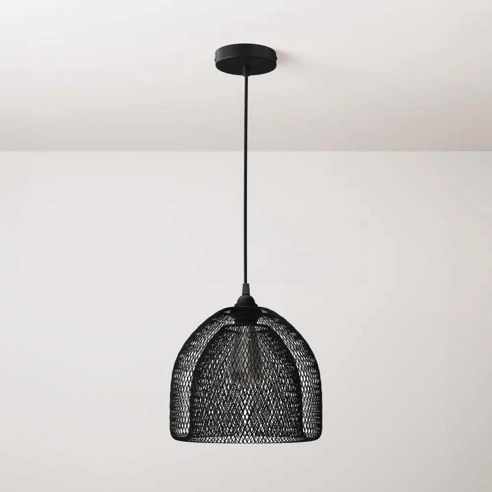 Suspension avec câble textile, abat-jour cage Ghostbell XL et détails en métal - Noir