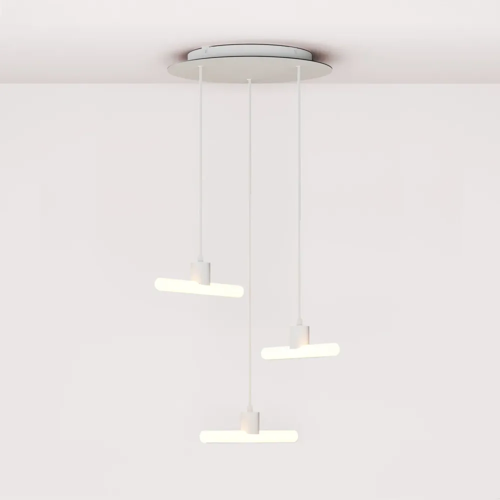Suspension Esse14 3-chutes asymétriques avec Rose-One, complète avec câble en tissu et finitions métalliques - Blanc