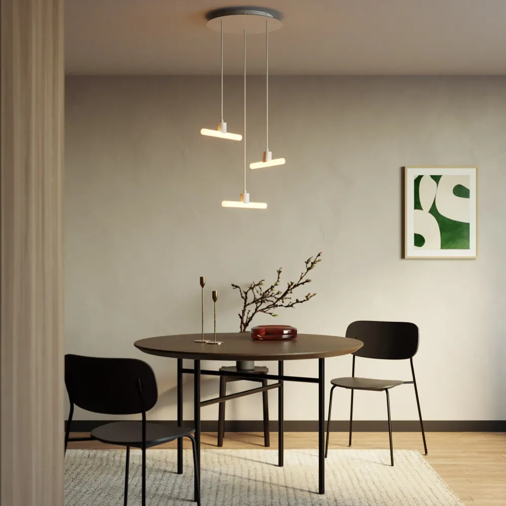 Suspension Esse14 3-chutes asymétriques avec Rose-One, complète avec câble en tissu et finitions métalliques - Blanc