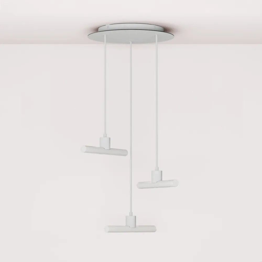 Suspension Esse14 3-chutes asymétriques avec Rose-One, complète avec câble en tissu et finitions métalliques - Blanc
