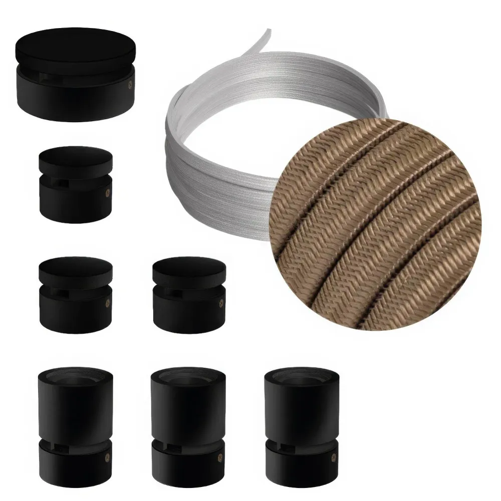 Système Filé Linear Kit - avec câble CM27 de 5 m pour guirlande lumineuse et 7 composants en bois peint noir pour intérieur