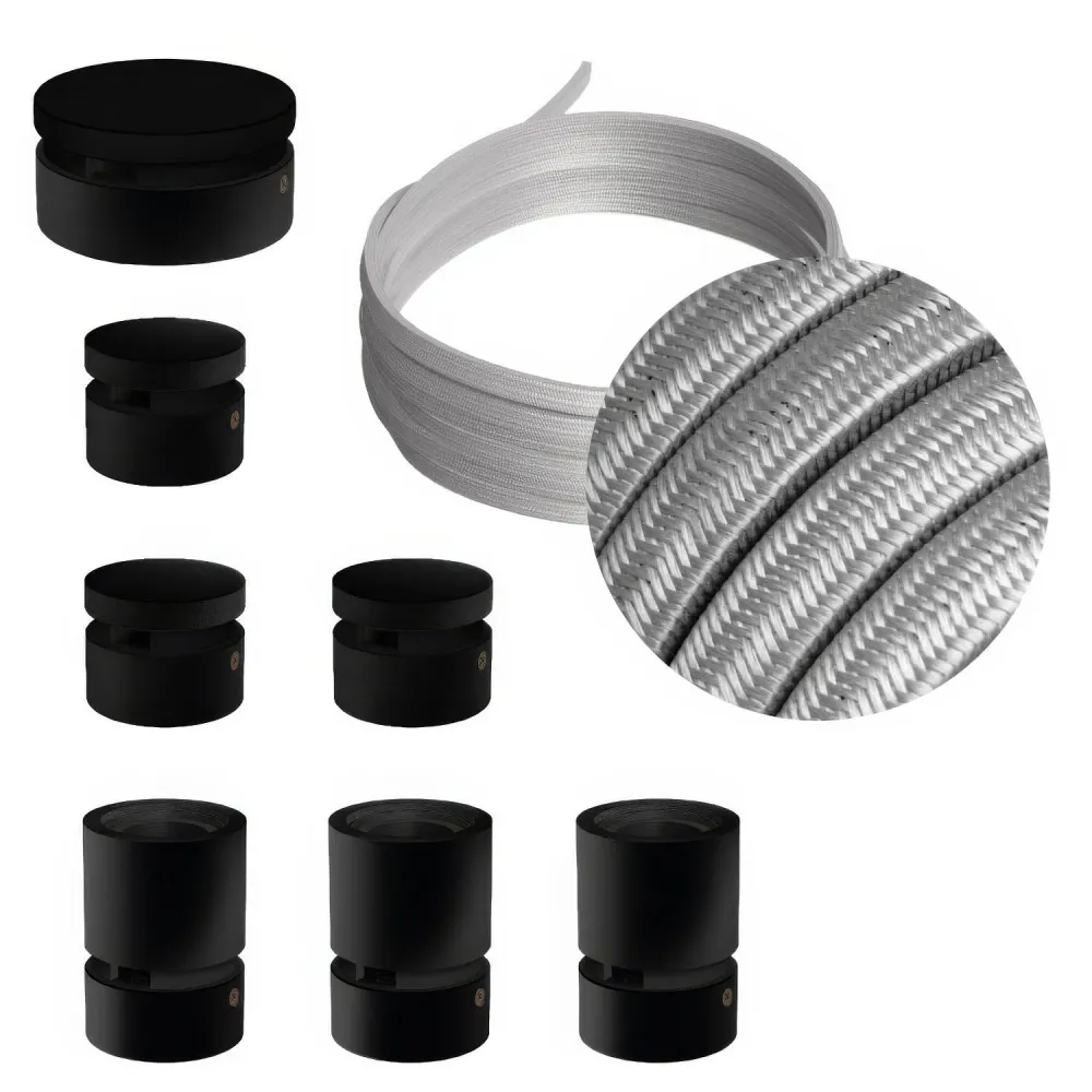 Système Filé Linear Kit - avec câble CM02 de 5 m pour guirlande lumineuse et 7 composants en bois laqué noir pour intérieur