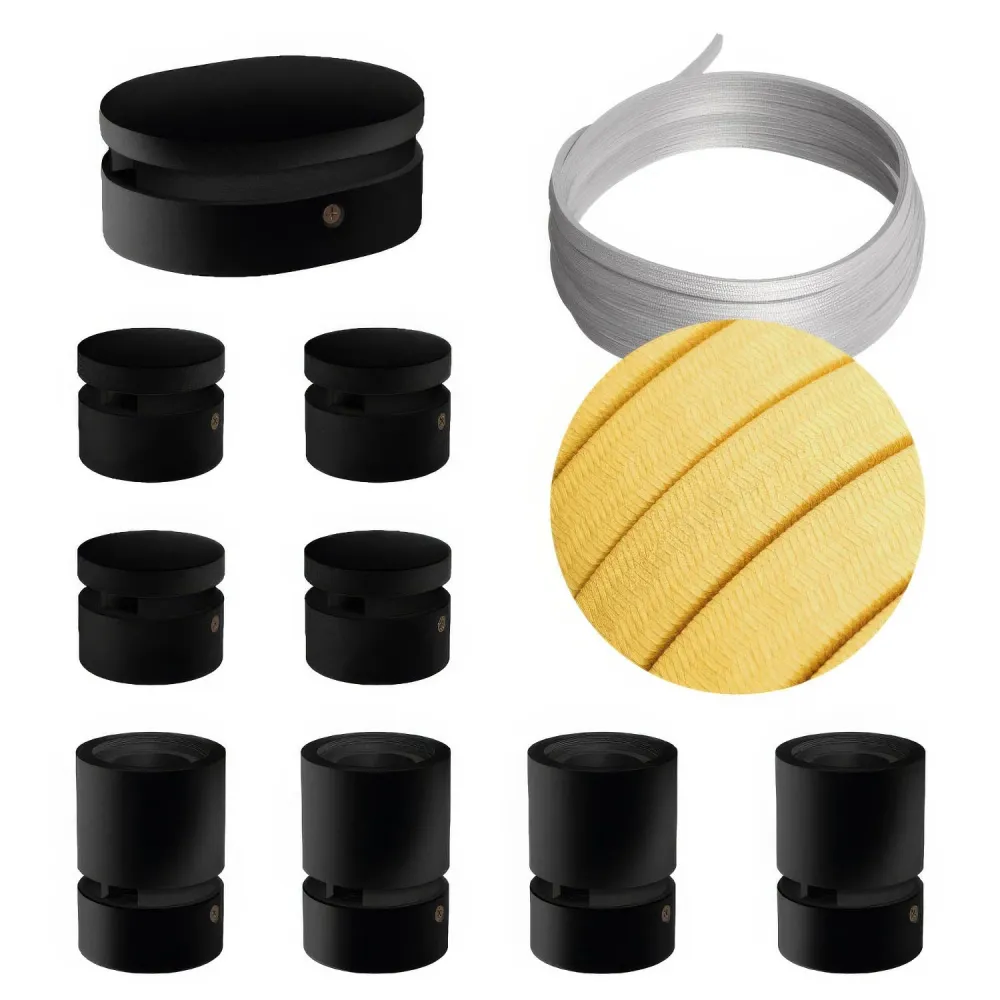 Système Filé Symmetric Kit - avec câble CM10 de 5 m pour guirlande lumineuse et 9 éléments en bois laqué noir pour intérieur