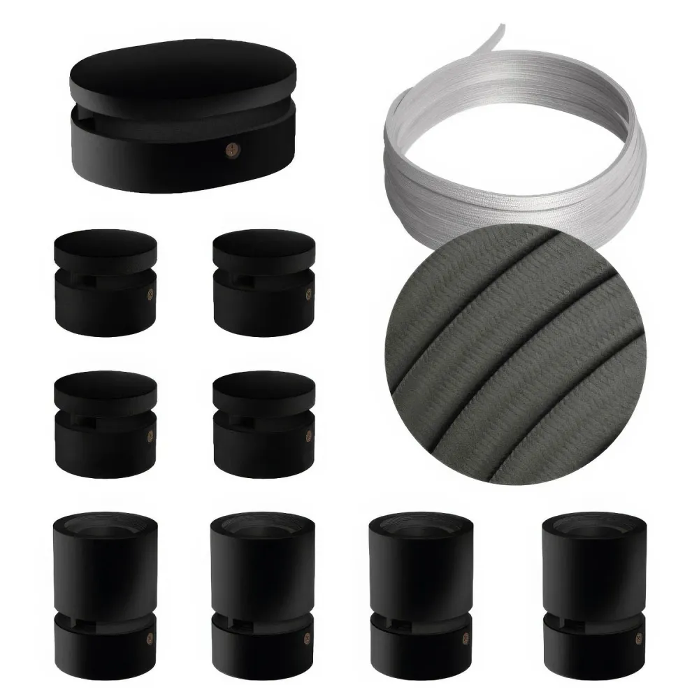Système Filé Symmetric Kit - avec câble CM03 de 5 m pour guirlande lumineuse et 9 éléments en bois peint en noir pour inté...