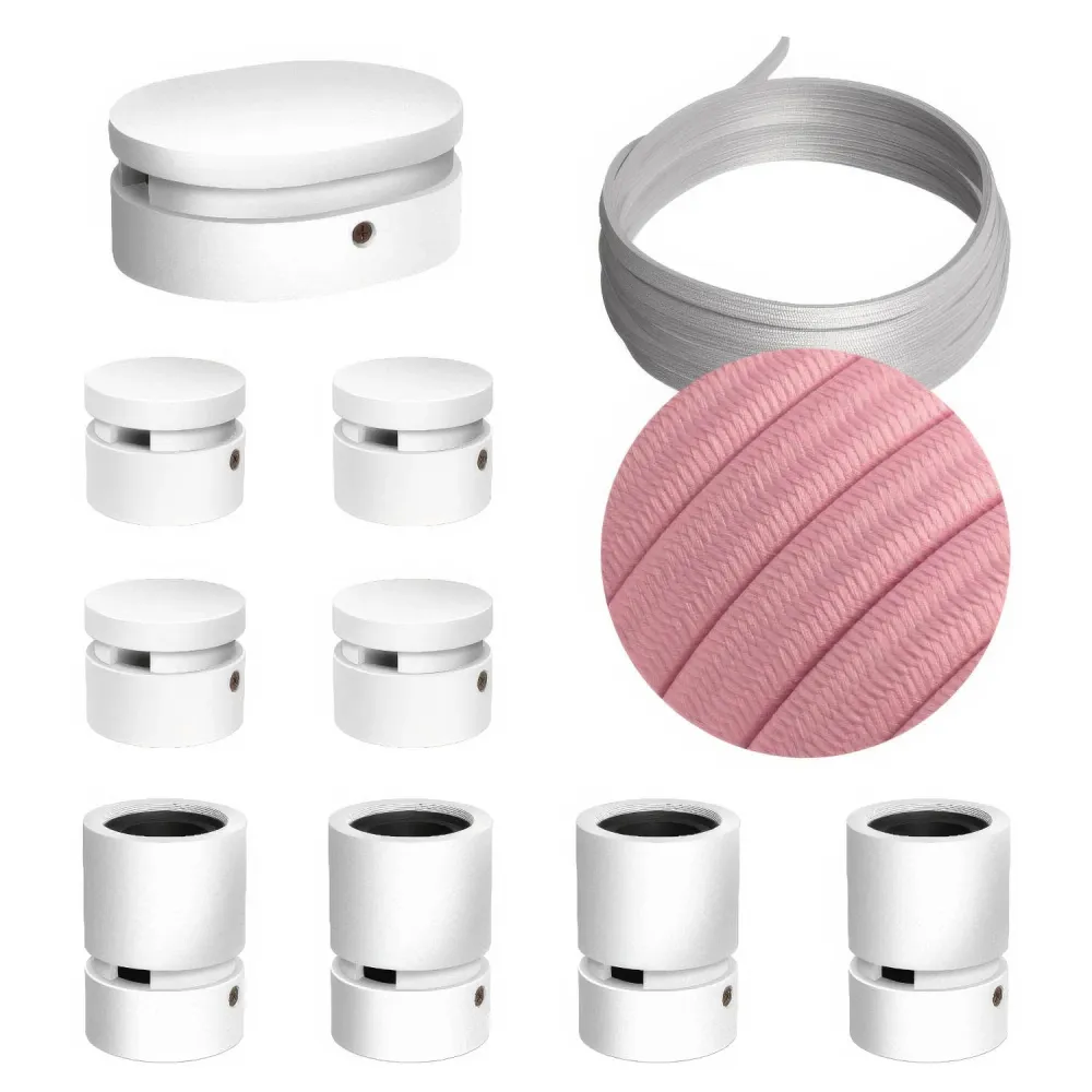 Système Filé Symmetric Kit - avec câble CM16 de 5 m pour guirlande lumineuse et 9 éléments en bois laqué blanc pour intérieur